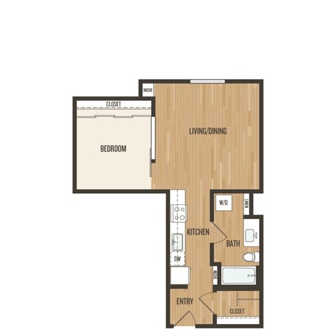 Floor plan for 1 bed, 1 bath, 676 sqft